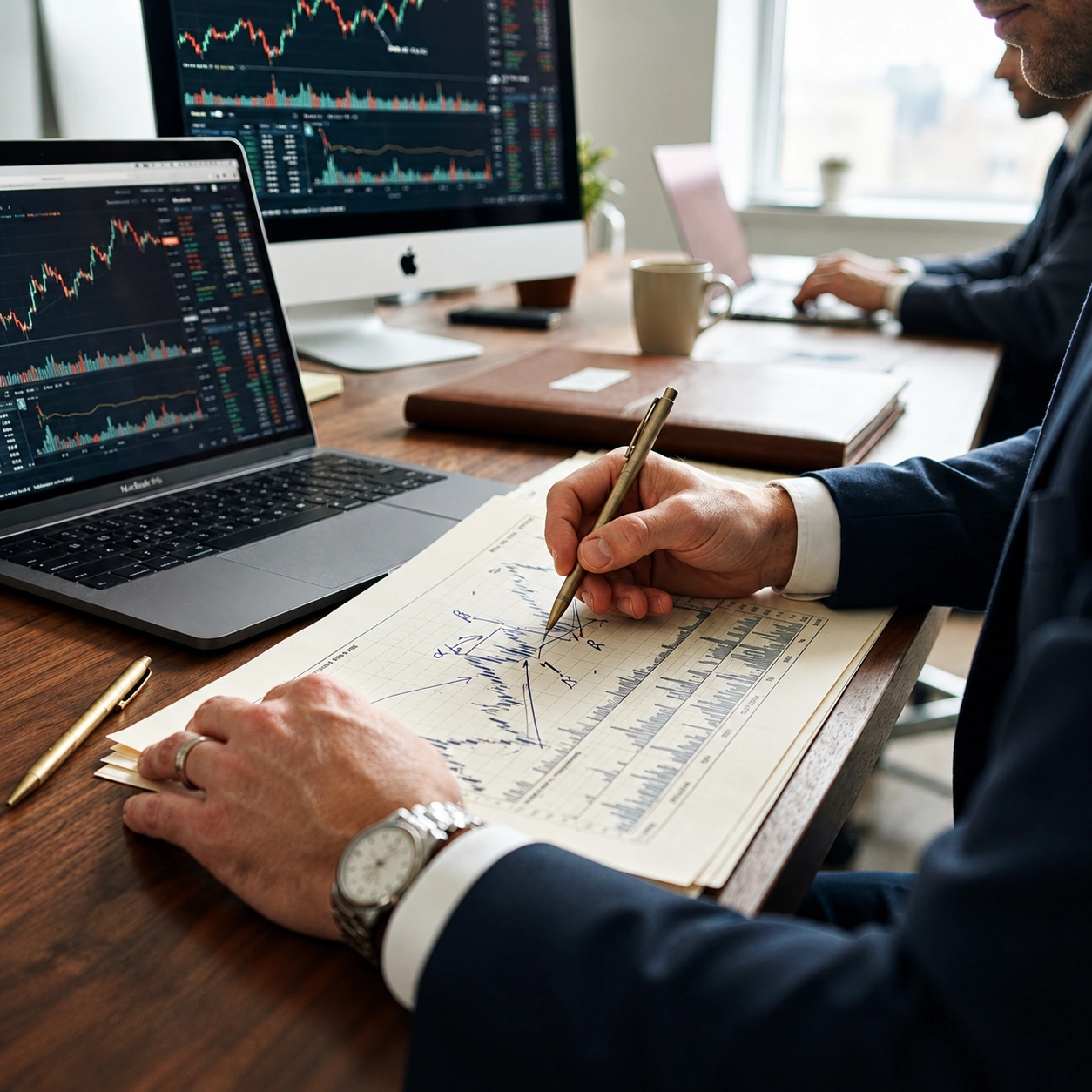 Analyst reviewing market data at a research desk